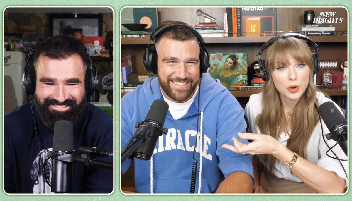 Taylor Swift revealed her current baking obsession with making sourdough bread in an Aug. 13 appearance on the “New Heights” podcast with Travis Kelce, middle, and his brother, Jason Kelce.