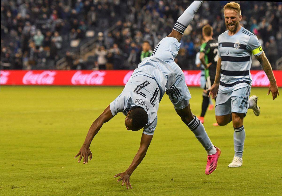 Midfielder Gadi Kinda did a cartwheel after scoring for Sporting KC during a match against Austin at Children’s Mercy Park.