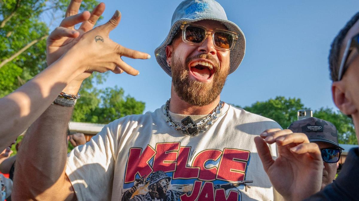 Kansas City Chiefs tight end Travis Kelce greets fans during Kelce Jam at the Azura Amphitheater on Saturday in Bonner Springs.