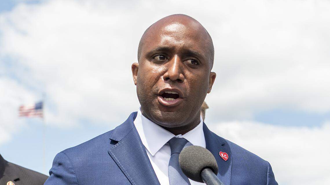 Kansas City Mayor Quinton Lucas, offers remarks during a press conference regarding infrastructure with Speaker of the United States House of Representatives Nancy Pelosi (Democrat of California), major city mayors and members of Congress outside of the US Capitol in Washington, DC, Wednesday, May 12, 2021. Credit: Rod Lamkey / CNP/Sipa USA