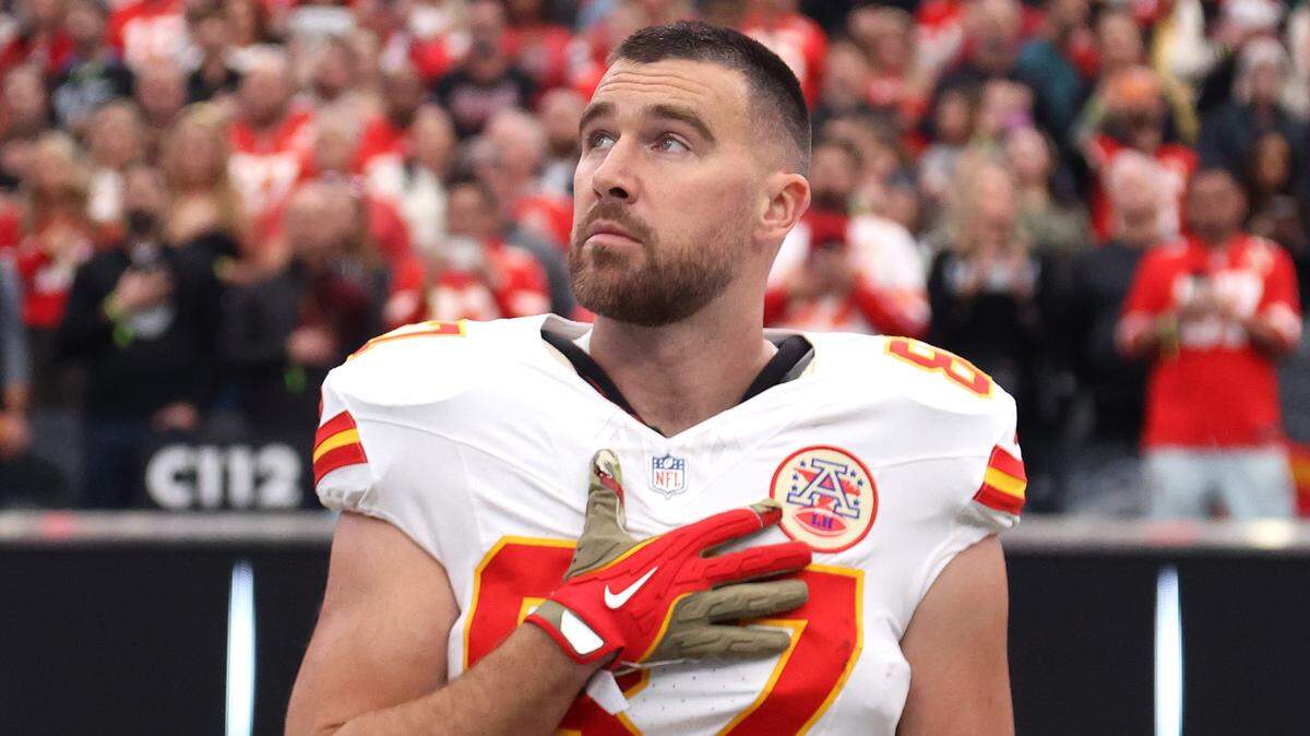 Travis Kelce of the Kansas City Chiefs looks on during the National Anthem prior to the game against the Las Vegas Raiders in Las Vegas earlier in January.