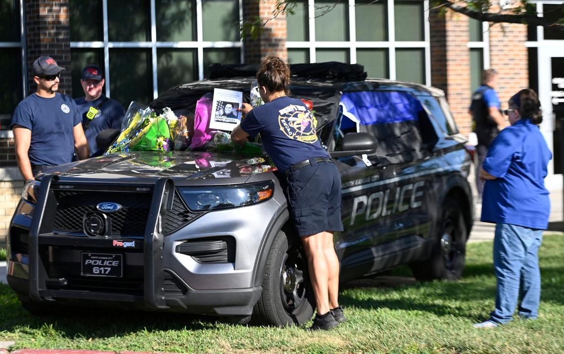 Members of the North Kansas City Fire Department paid tribute to fallen North Kansas City Police officer Daniel Vasquez in 2022 after he died in the line of duty.