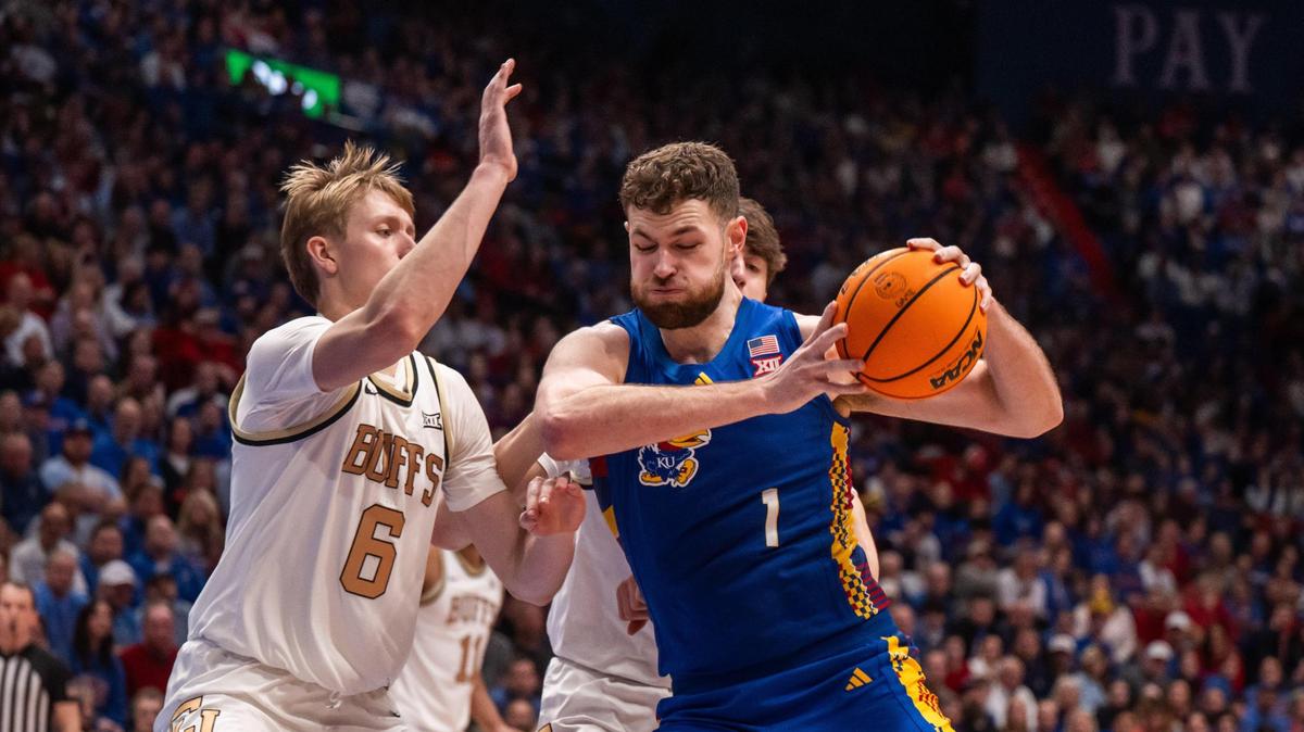 Kansas Jayhawks center Hunter Dickinson jockeys for paint position in the second half of the game vs. the Colorado Buffaloes on Tuesday, Feb. 11, 2025, at Allen Fieldhouse. Dickinson led the Jayhawks with 19 points and 9 rebounds.