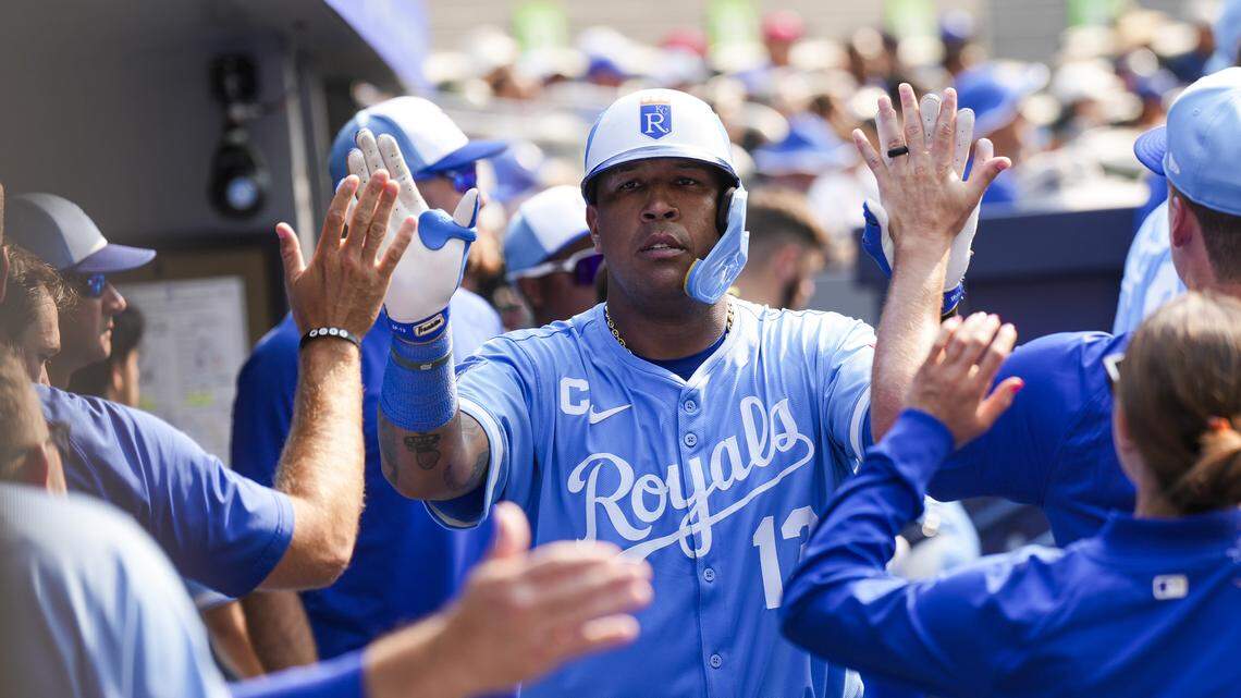 Kansas City Royals catcher Salvador Perez (13) celebrates hitting a home run against the Toronto Blue Jays during the sixth inning at Rogers Centre on Aug. 2, 2025.