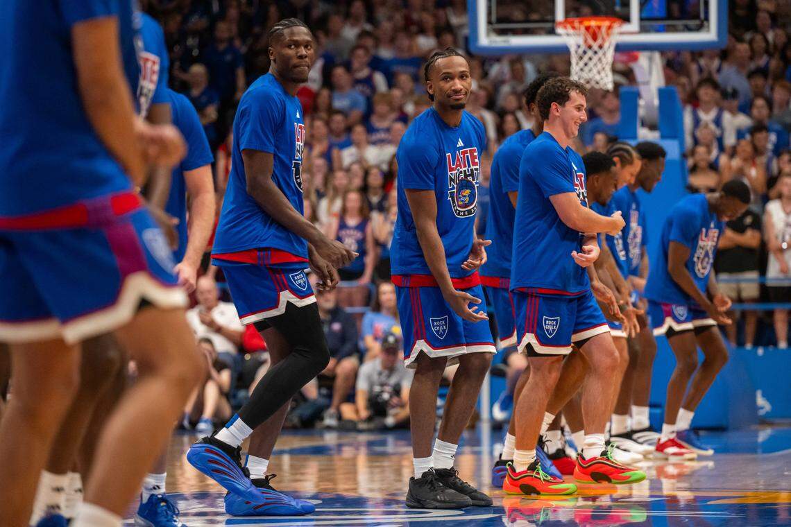 Kansas Jayhawks guard Darryn Peterson and forward Flory Bidunga perform a dance number at Late Night in the Phog, on Friday, October 17, 2025, in Lawrence.