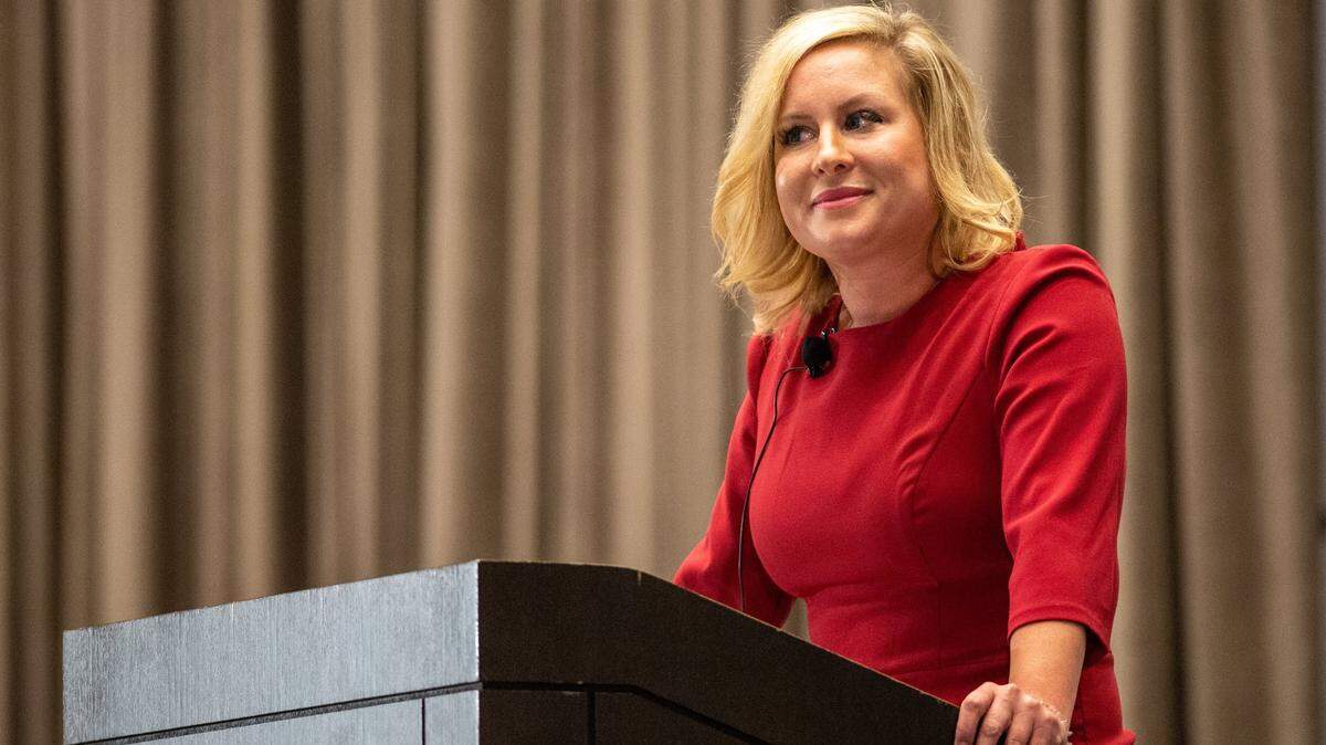 Sara Hart Weir, former president of the National Down Syndrome Society, speaks at the Republican candidates debate for Kansas’ 3rd Congressional District on July 14, 2020.