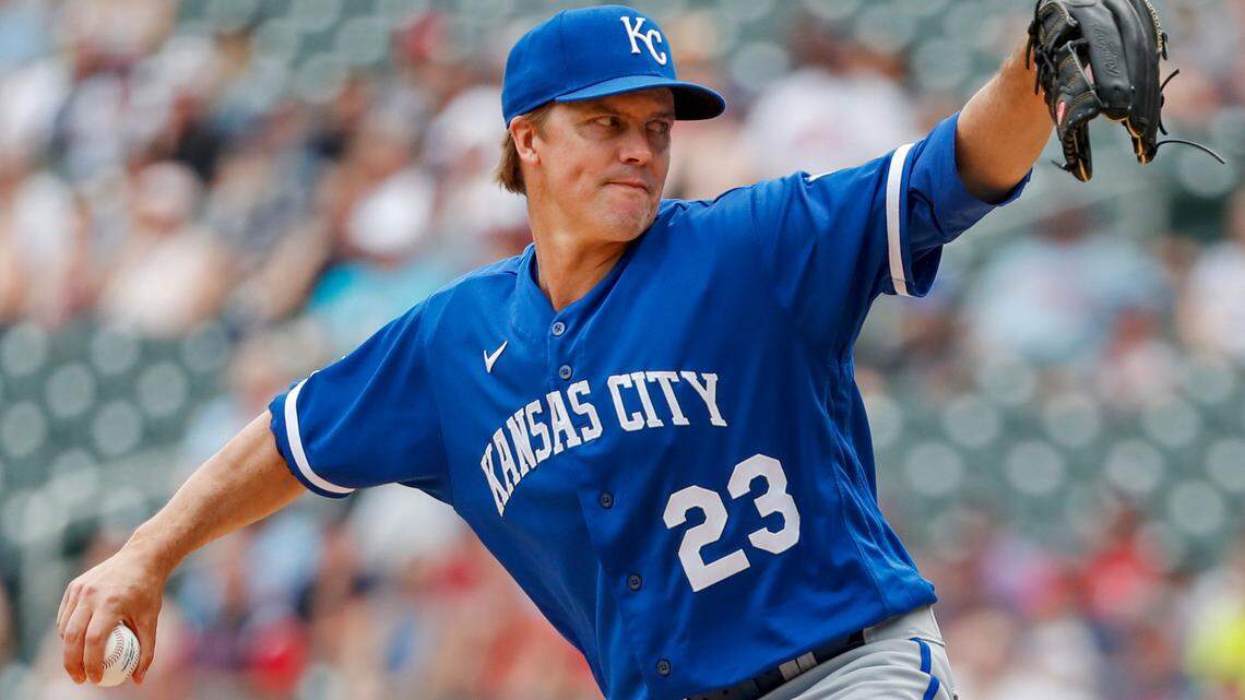 Kansas City Royals starting pitcher Zack Greinke throws to the Minnesota Twins in the first inning of a baseball game Sunday, May 29, 2022, in Minneapolis. (AP Photo/Bruce Kluckhohn)