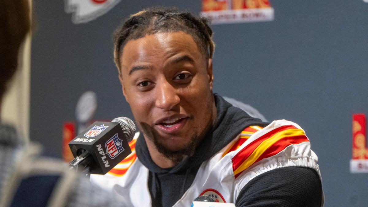 Kansas City Chiefs safety Justin Reid (20) responds to questions during the media availability for the team on Thursday, Feb. 6, 2025, ahead of Super Bowl LIX on Sunday in New Orleans.