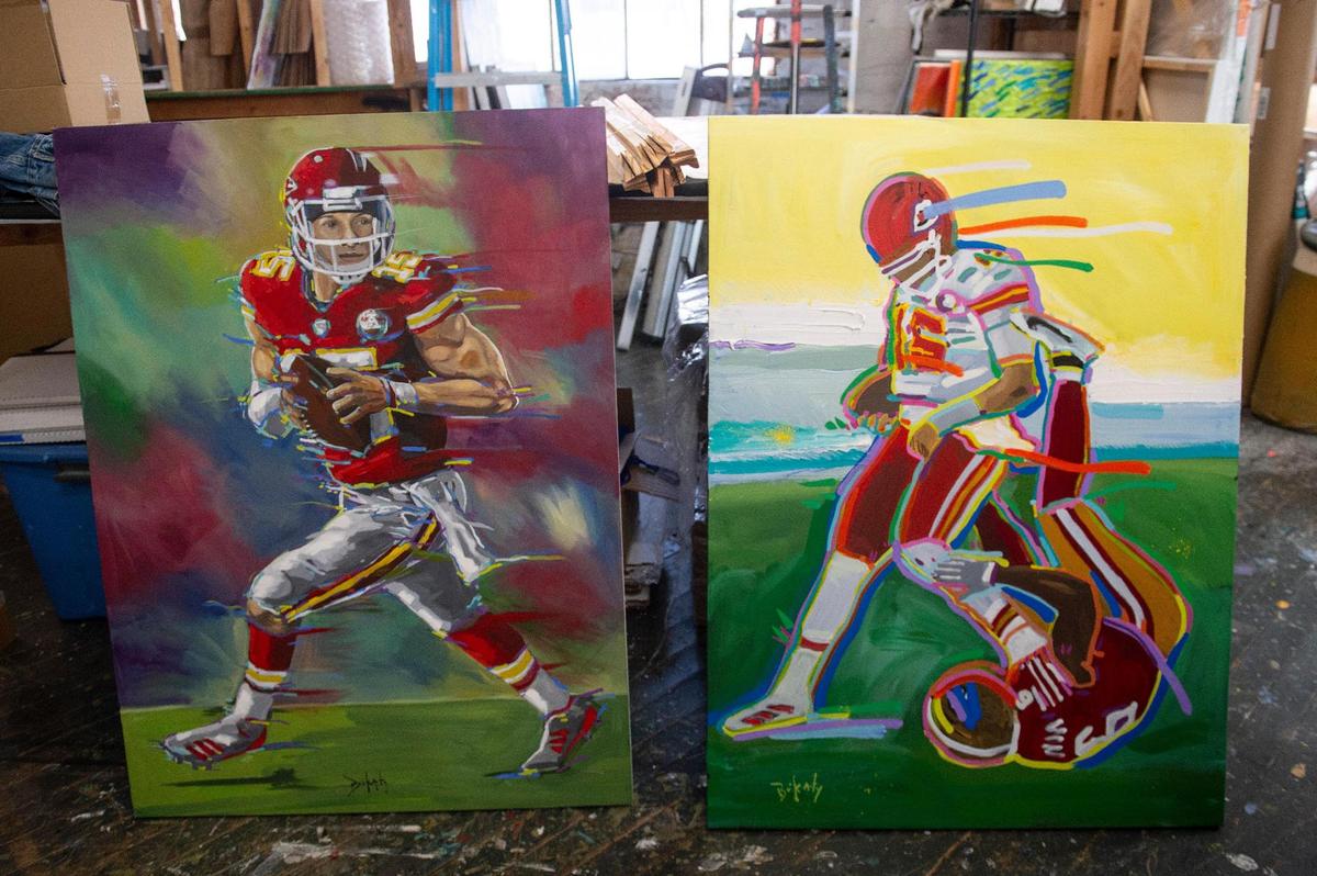 Paintings of Patrick Mahomes sit in John Bukaty’s studio in New Orleans. They are likely to sell for thousands amid the Chiefs’ success.