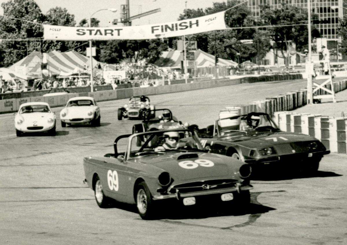 Cars cross the finish line at the Folly Classic Vintage Grand Prix, July 1984.