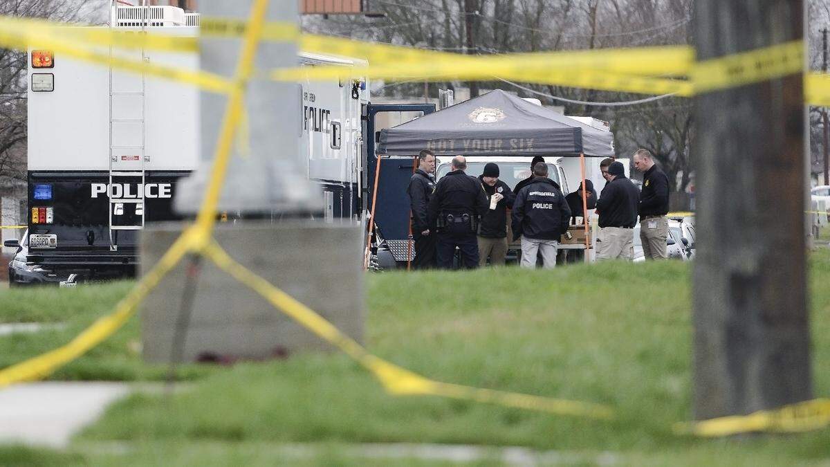 Detectives continued to investigate a late-Sunday shooting that killed four people, including a police officer, at the Kum & Go conveience store in Springfield, Missouri. Two others, including a second officer, were wounded. The suspect is believed to have died by a self-inflicted wound, police said.