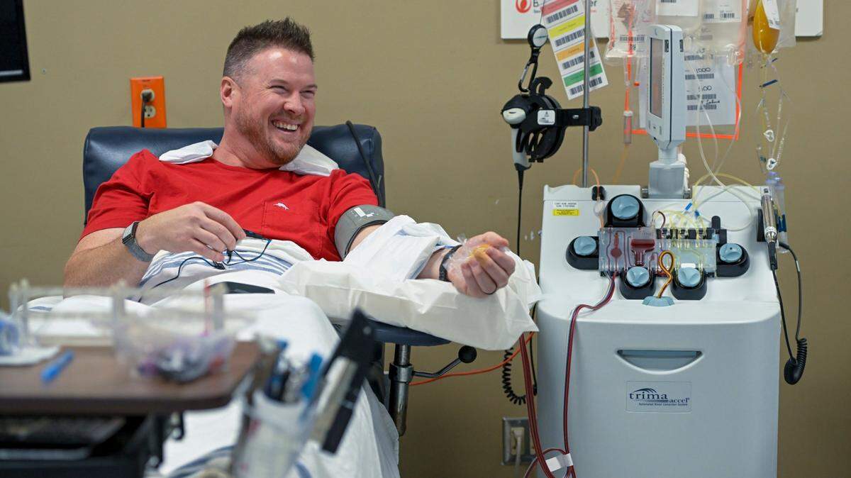 George Heyns, 45, of Kansas City, donates platelets at the Community Blood Center in Kansas City on Friday, Jan. 6, 2023. Heyns, who donates every two weeks, has donated about 6 to 7 gallons of blood.