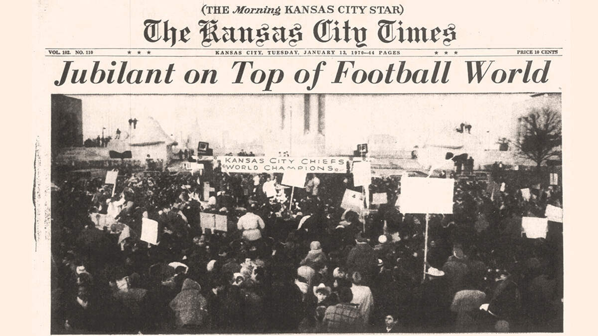 The front page of The Kansas City Times Jan. 13, 1970, featuring the celebration at Liberty Memorial of the Chiefs' Super Bowl win