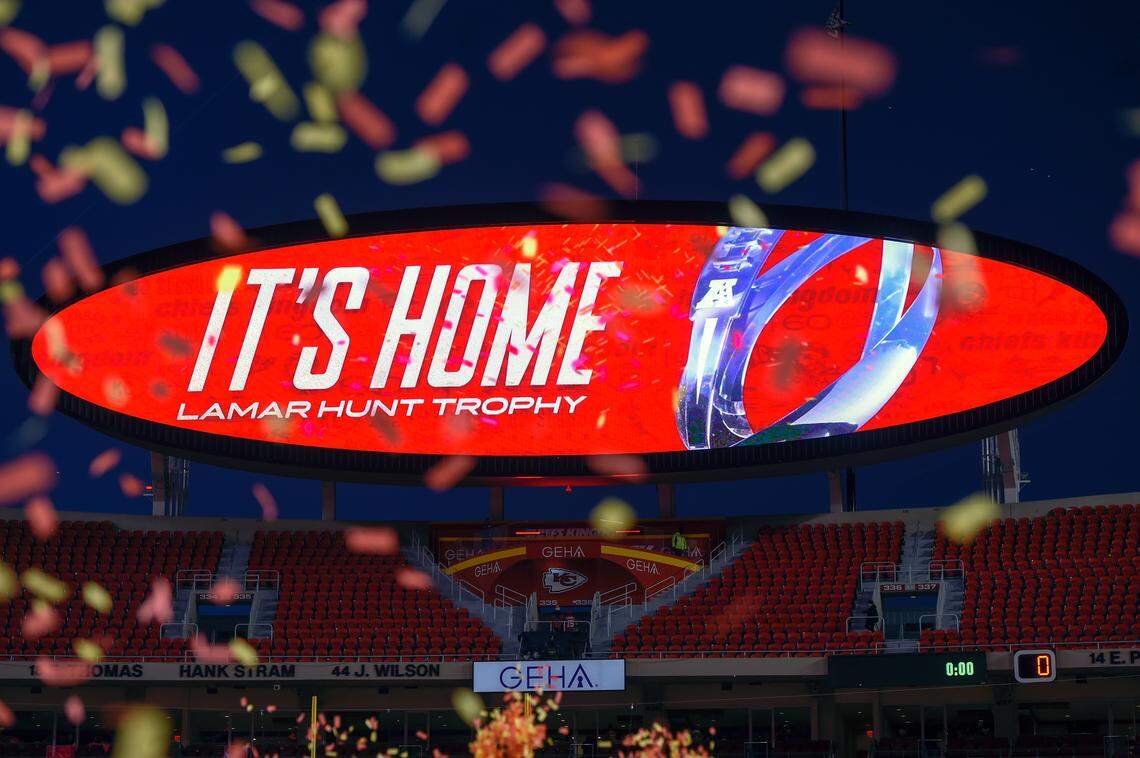 The sign in the stadium proclaims the Lamar Hunt Trophy is finally home after the Chiefs captured the AFC Championship by defeating the Tennessee Titans, 35-24, Sunday, Jan. 19, 2020, at Arrowhead Stadium in Kansas City.