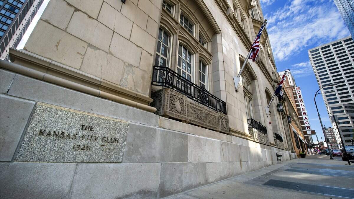 The old Kansas City Club building, 13th Street and Baltimore Avenue, is to be redeveloped into a 114-room luxury hotel. This view looks north toward the Muehlebach Hotel.