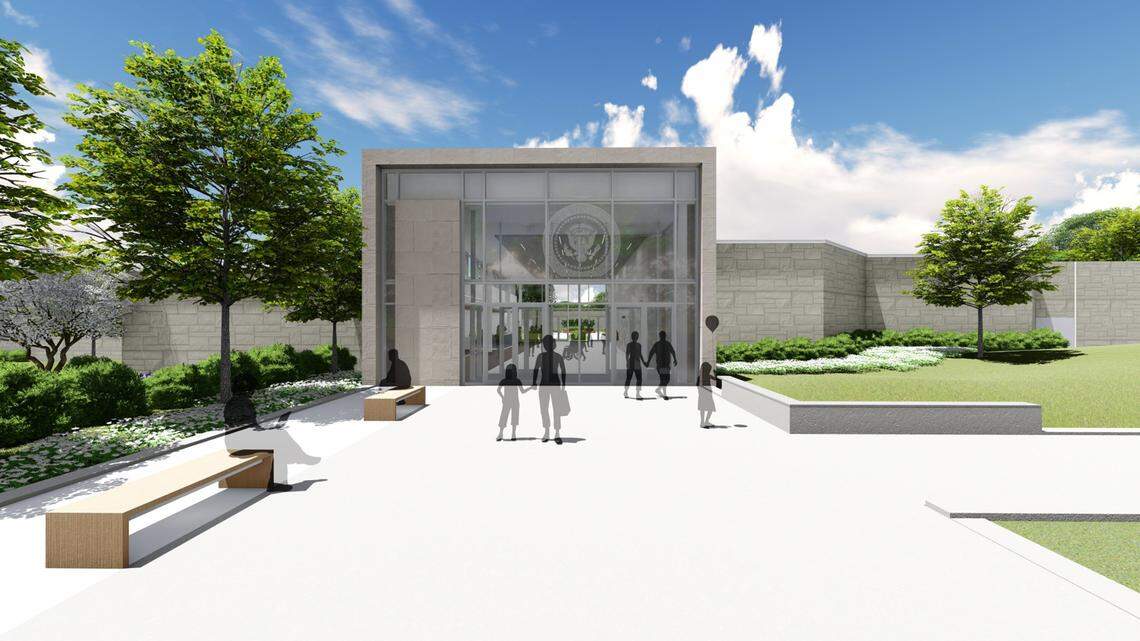 A rendering of the new east entrance at the renovated Harry S. Truman Library and Museum, which has been closed for more than a year.