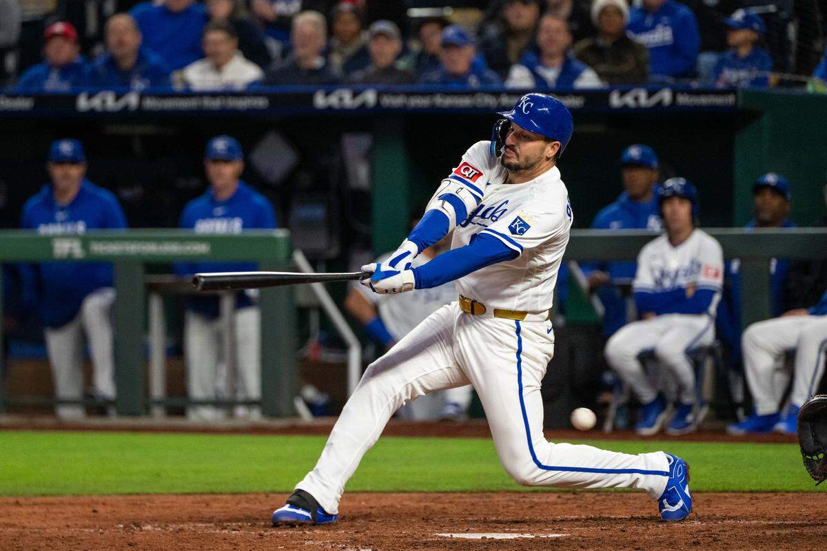 Kansas City Royals first baseman Vinnie Pasquantino strikes out against the Boston Red Sox on Tuesday, May 19, 2026, at Kauffman Stadium.