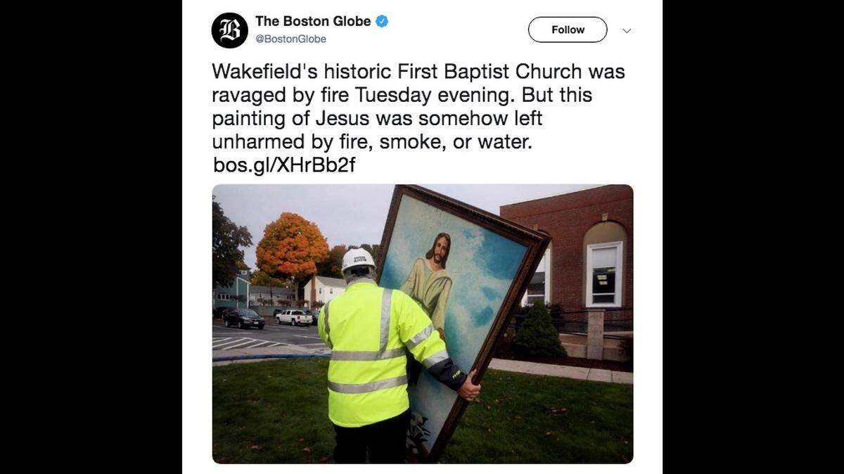 A massive fire destroyed the historic First Baptist Church in Wakefield, Massachusetts, but a painting of Jesus survived. Witnesses said the hellish, seven-alarm fire started when lightning struck the steeple.