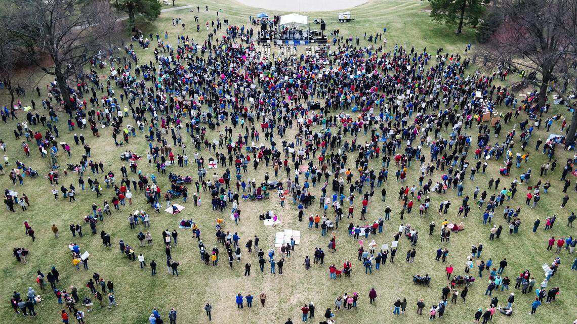 People gathered at Theis Park for a "March for Our Lives" rally Saturday afternoon. This photo was taken as the four-hour rally was starting. Kansas City police estimated the crowd at 5,000 to 6,000 people at its peak.