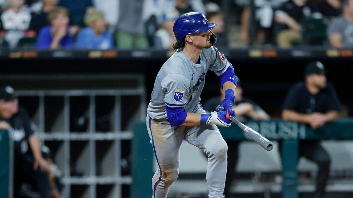 Kansas City Royals shortstop Bobby Witt Jr. watches his grand slam soar into the Chicago night sky in the eighth inning of Monday’s game against the Chicago White Sox at Guaranteed Rate Field.