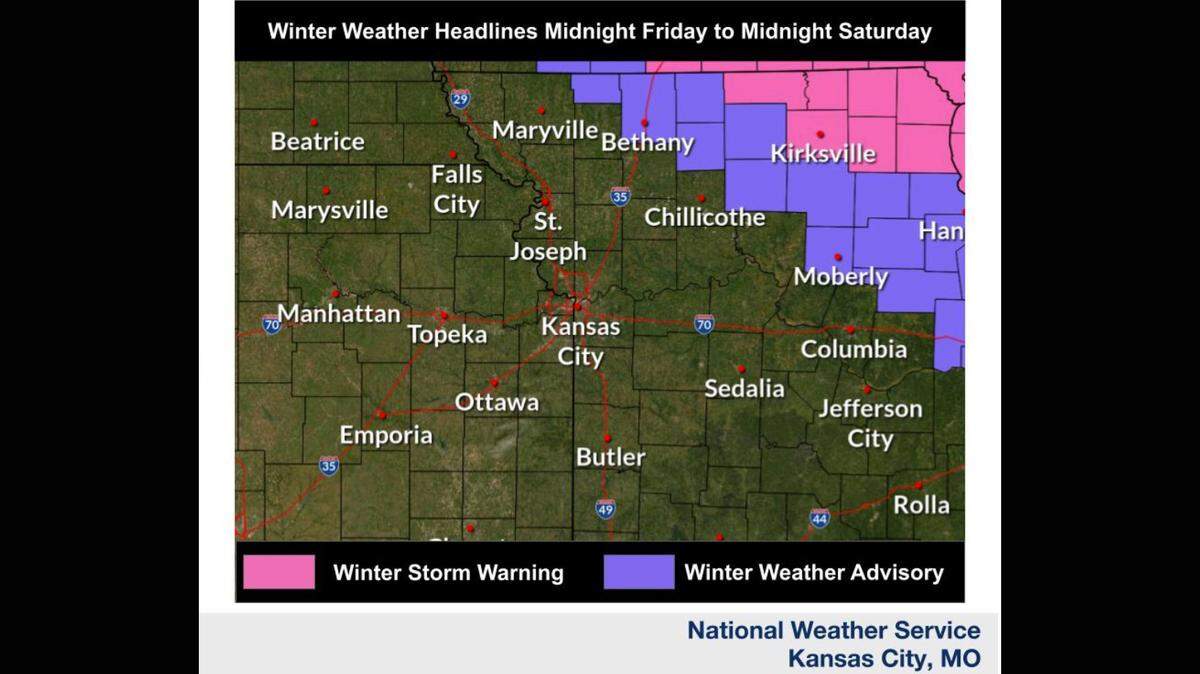A winter storm warning as been issued for parts of northeast Missouri as between 4 and 8 inches of snow is possible, according to the National Weather Service. Kansas City will likely see mostly rain. Only a trace of snow is expected in the metro.