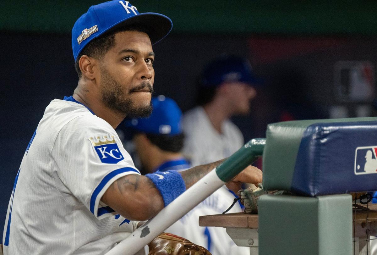 Kansas City Royals third baseman Maikel Garcia (11) looks on against the New York Yankees in Game 4 of the American League Division Series on Thursday, Oct. 10, 2024, at Kauffman Stadium.