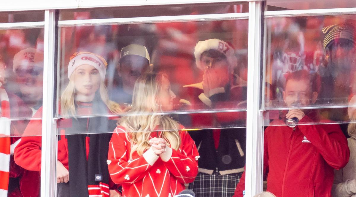 Pop star Taylor Swift reacts after her boyfriend, Kansas City Chiefs tight end Travis Kelce, was tackled during an NFL football game against the Las Vegas Raiders on Monday, Dec. 25, 2023, at Arrowhead Stadium at GEHA Field in Kansas City.