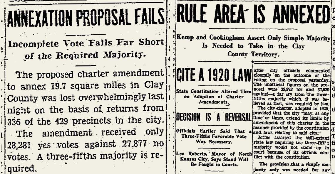 Kansas City Times headline announcing the ordinance’s failure (left), and the Kansas City Star headline printed later that date announcing its success (right).