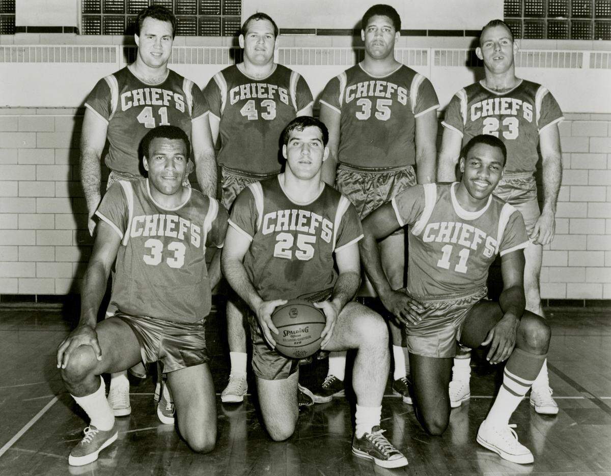 The 1968 squad, back row from left: Ed Budde, Dave Hill, Buck Buchanan, and Jerrel Wilson; front row from left: Chuck Hurston, Jim Lynch, and Otis Taylor.