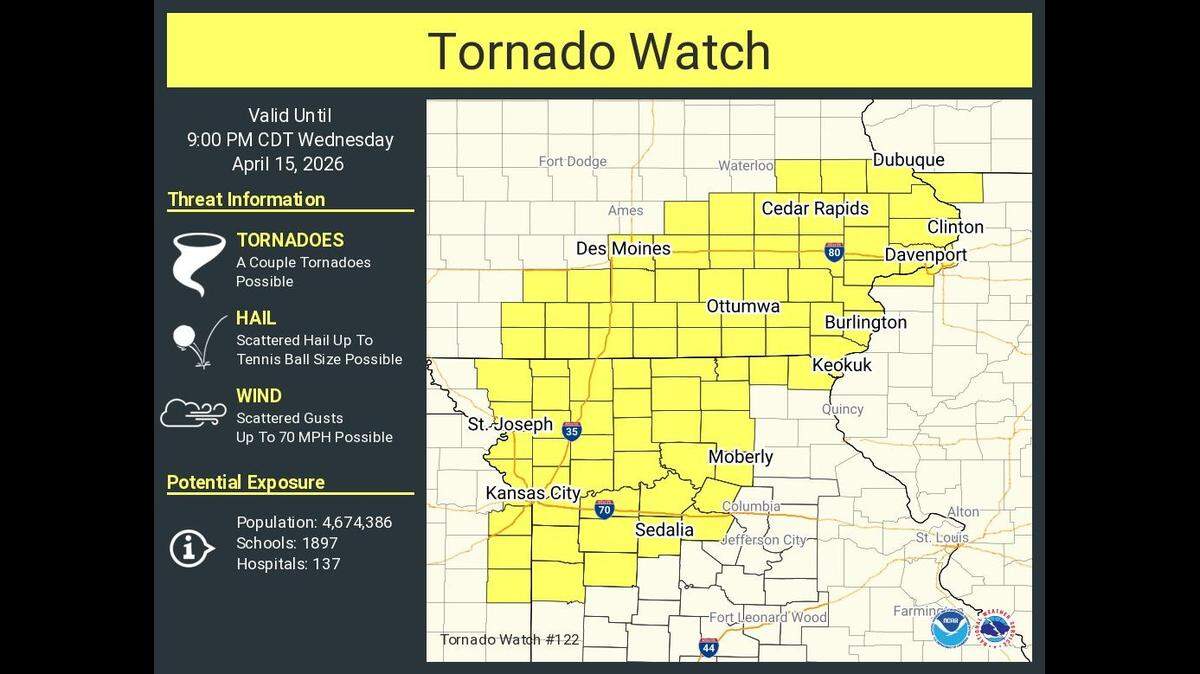 The National Weather Service issued a tornado watch for parts of Illinois, Iowa, Kansas and Missouri, including the Kansas City area, until 9 p.m. Wednesday. The watch came as severe thunderstorms fired up in the metro.