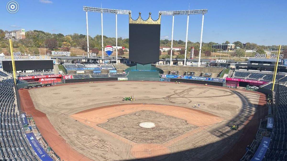 All the grass was removed from Kauffman Stadium last week.