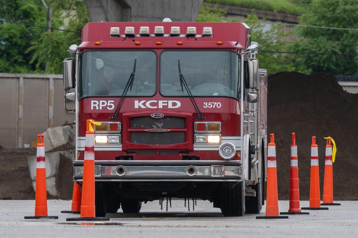 The Kansas City Fire Department held a public training event to showcase their new driver training program in Kansas City on Thursday, May 29, 2025. Drivers maneuvered through cones mimicking streets and cul-de-sacs.
