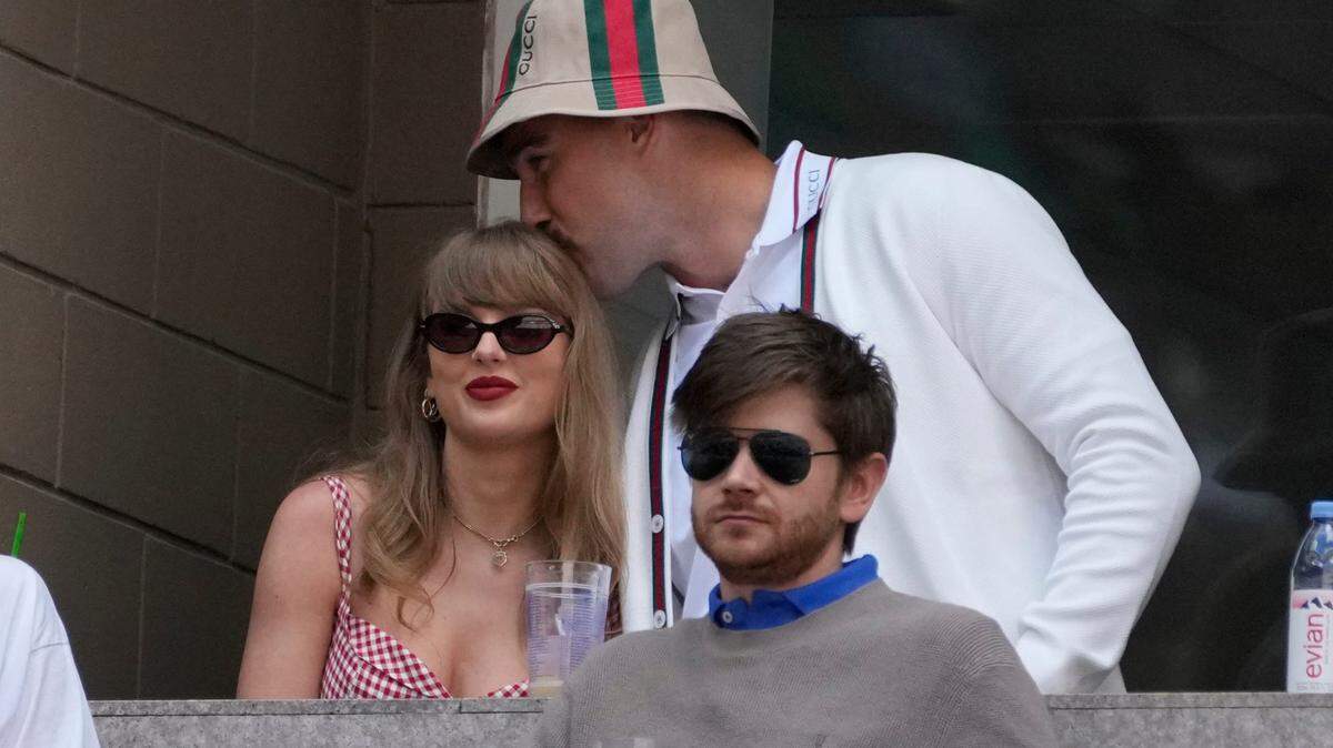 Recording artist Taylor Swift and Kansas City Chiefs tight end Travis Kelce look on during the men’s singles final of the 2024 U.S. Open tennis tournament at USTA Billie Jean King National Tennis Center in Flushing, New York on Sept. 8, 2024.