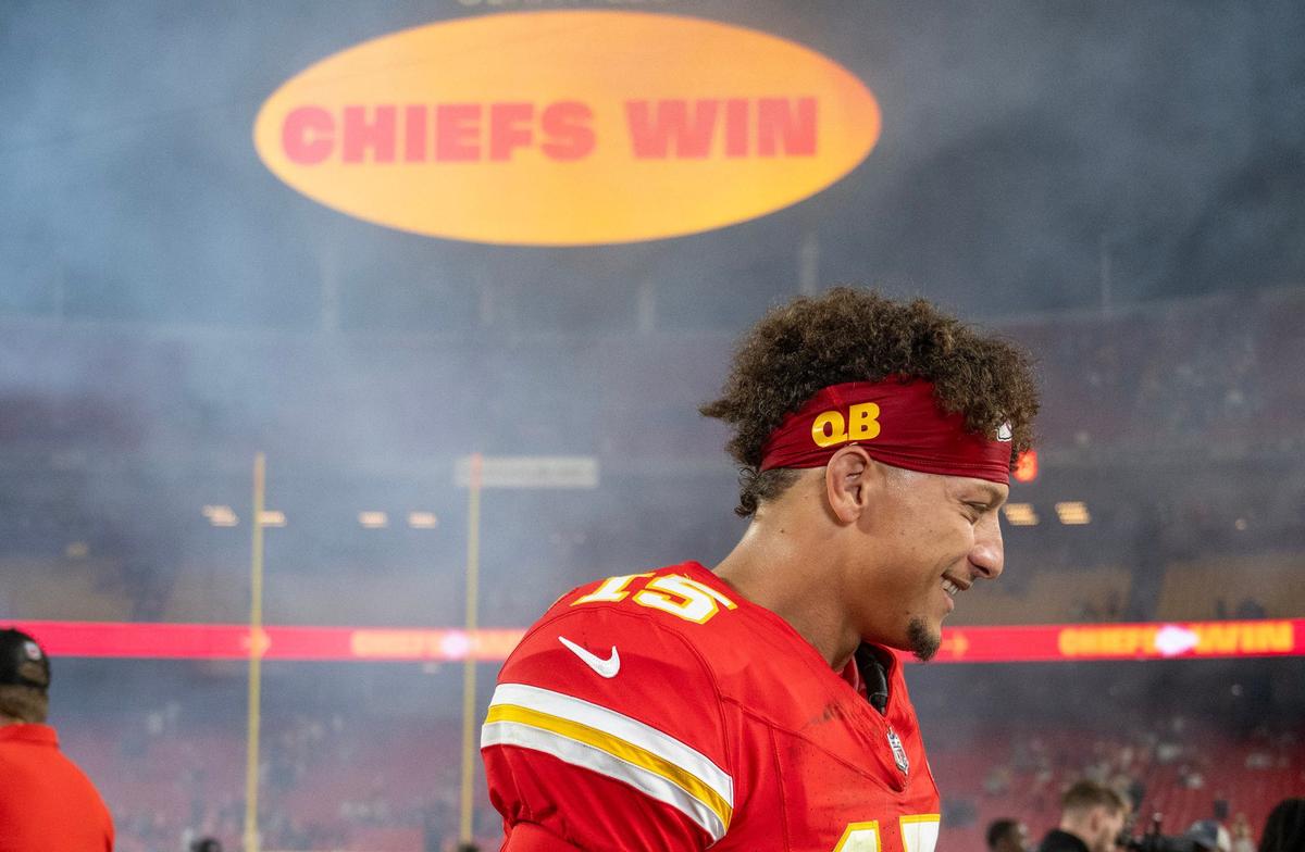 Chiefs quarterback Patrick Mahomes heads off the field after defeating the New Orleans Saints, 26-13, at GEHA Field at Arrowhead Stadium on Monday, October 7, 2024.