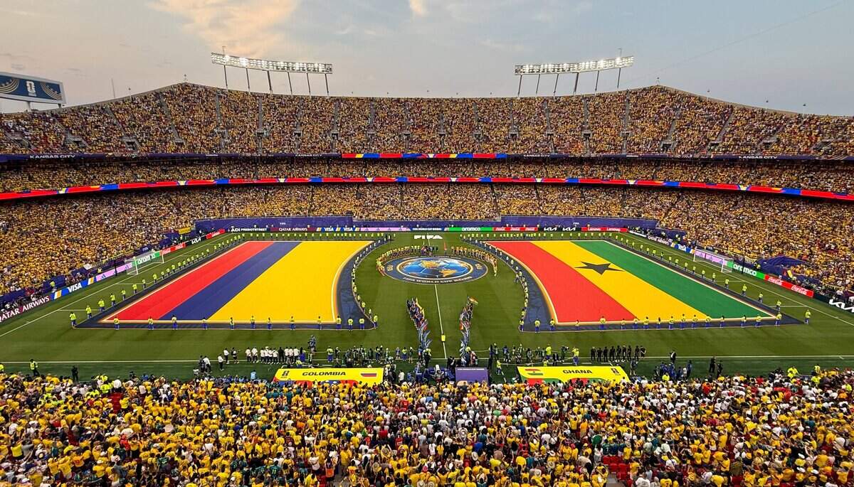 The national flags are displayed before the Colombia vs. Ghana 2026 World Cup Round of 32 football match at Kansas City (Arrowhead) Stadium in Kansas City on Friday, July 3, 2026.