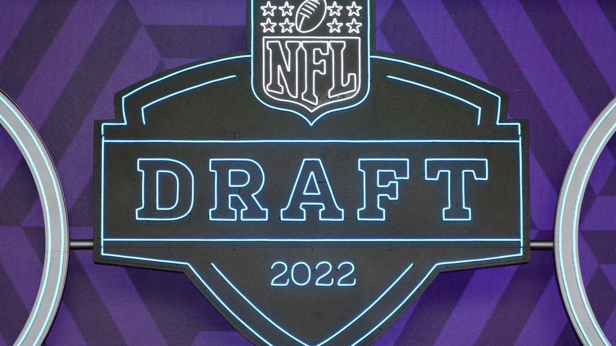 Apr 28, 2022; Las Vegas, NV, USA; A detail view of the NFL Draft 2022 logo before the first round of the 2022 NFL Draft at the NFL Draft Theater. Mandatory Credit: Kirby Lee-USA TODAY Sports