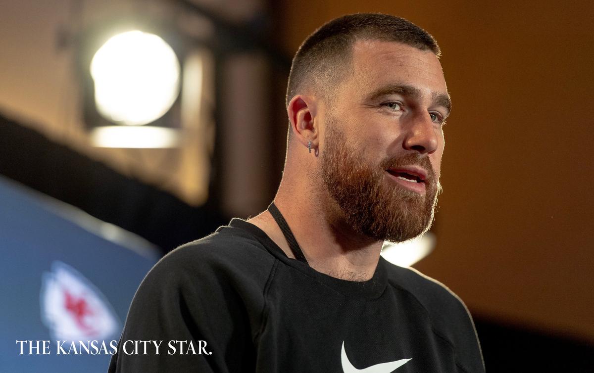 Kansas City Chiefs tight end Travis Kelce speaks during the team’s media availability on Thursday, Feb. 9, 2023, in Scottsdale, Ariz.
