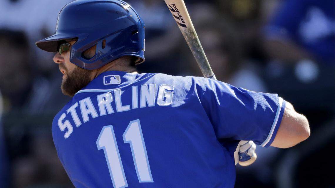 Kansas City Royals’ Bubba Starling bats during the second inning of a spring training baseball game against the San Diego Padres Monday, Feb. 24, 2020, in Surprise, Ariz. (AP Photo/Charlie Riedel)
