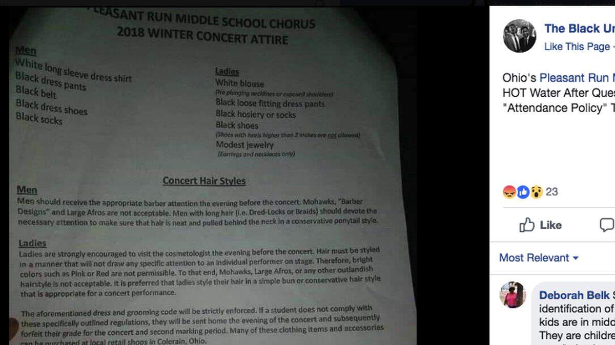 A suburban Cincinnati middle school teacher sparked protests with his “Concert Hair Styles” rules for the winter concert. “Mohawks, large Afros or any other outlandish hairstyle is not acceptable,” the rules said. (Facebook, Brian Keith)