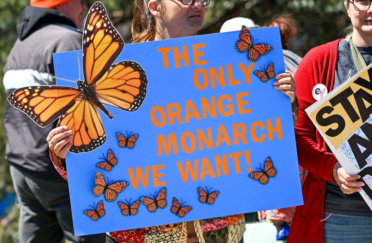 A protester holds up a sign during a No Kings rally against the Trump administration in Mill Creek Park near the Country Club Plaza on Saturday, March 28, 2026.