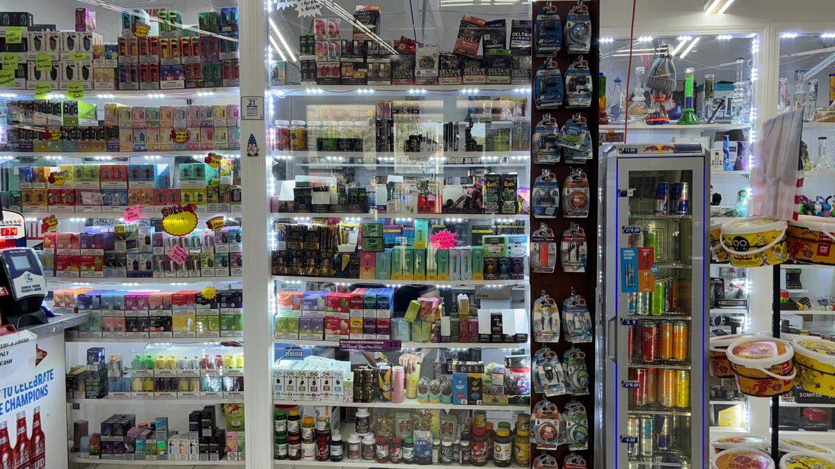 The center case at Royal Liquor in Kansas City offers customers hemp-derived cannabis products on Aug. 5. The business on Southwest Boulevard will no longer be able to sell THC products after an executive order by Gov. Mike Parson.