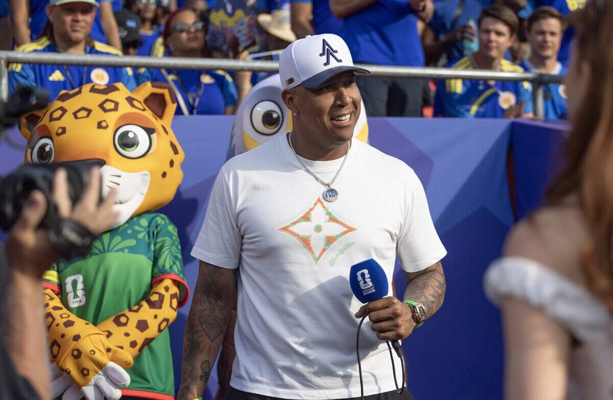 Kansas City Royals catcher Salvador Perez was on hand before a FIFA World Cup group-stage soccer match between Ecuador and Curaçao at Kansas City (Arrowhead) Stadium in Kansas City on Saturday, June 20, 2026.