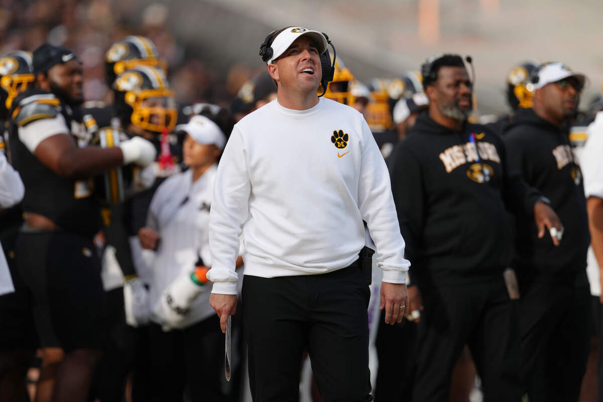 Head coach Eli Drinkwitz of the Missouri Tigers watches a review against the Texas A&M Aggies in the first half at Faurot Field at Memorial Stadium on November 8, 2025 in Columbia.