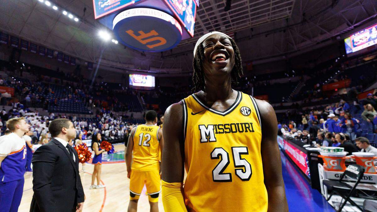 Missouri Tigers guard Mark Mitchell (25) smiles after a game against the Florida Gators at Exactech Arena at the Stephen C. O’Connell Center on Jan. 14, 2025.