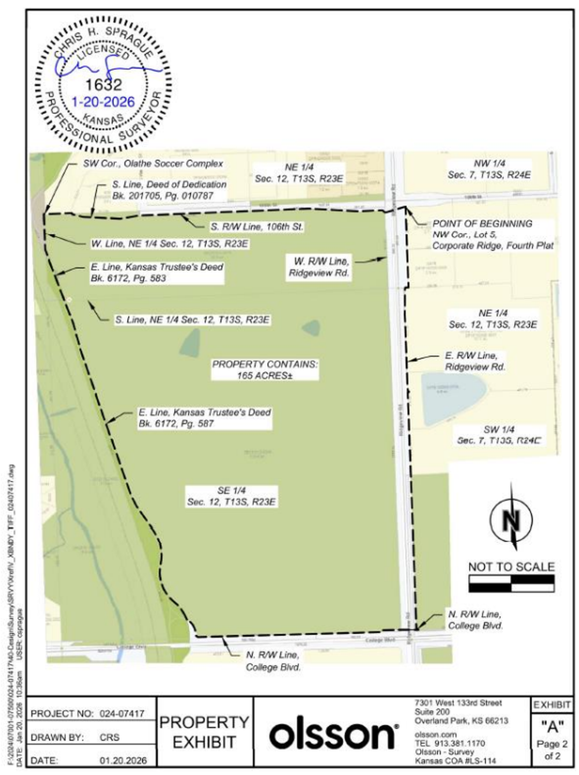 Officials are considering a new Kansas City Chiefs training facility on 165 acres of land at College Boulevard and Ridgeview Road, a proposed ordinance indicates.