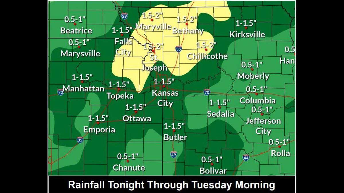 Scattered showers and thunderstorms moving through the area on Monday are expected to bring up to two inches of rain to parts of the Kansas City area, the National Weather Service said. Brief periods of heavy rains, along with localized flooding, are possible.