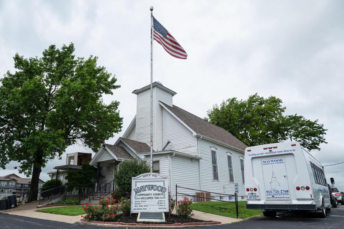 The Maywood Community Church sits without a steeple after it blew off during a storm on Sunday, July 30, 2023, in Kansas City, Kansas. Residents throughout the Kansas City metro suffered power outages and damage from the storm on Sunday night, and then dealt with another round of thunderstorms Monday morning.