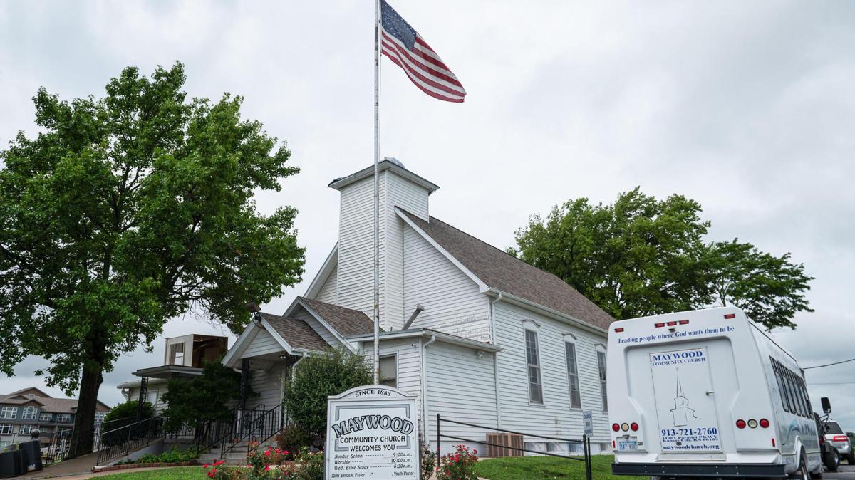 The Maywood Community Church sits without a steeple after it blew off during a storm on Sunday, July 30, 2023, in Kansas City, Kansas. Residents throughout the Kansas City metro suffered power outages and damage from the storm on Sunday night, and then dealt with another round of thunderstorms Monday morning.
