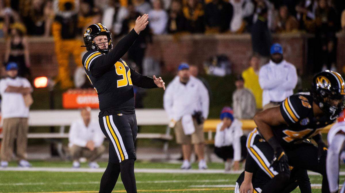 Missouri place kicker Harrison Mevis lines up a kick during the fourth quarter of an NCAA college football game against Florida Saturday, Nov. 20, 2021, in Columbia, Mo. (AP Photo/L.G. Patterson)