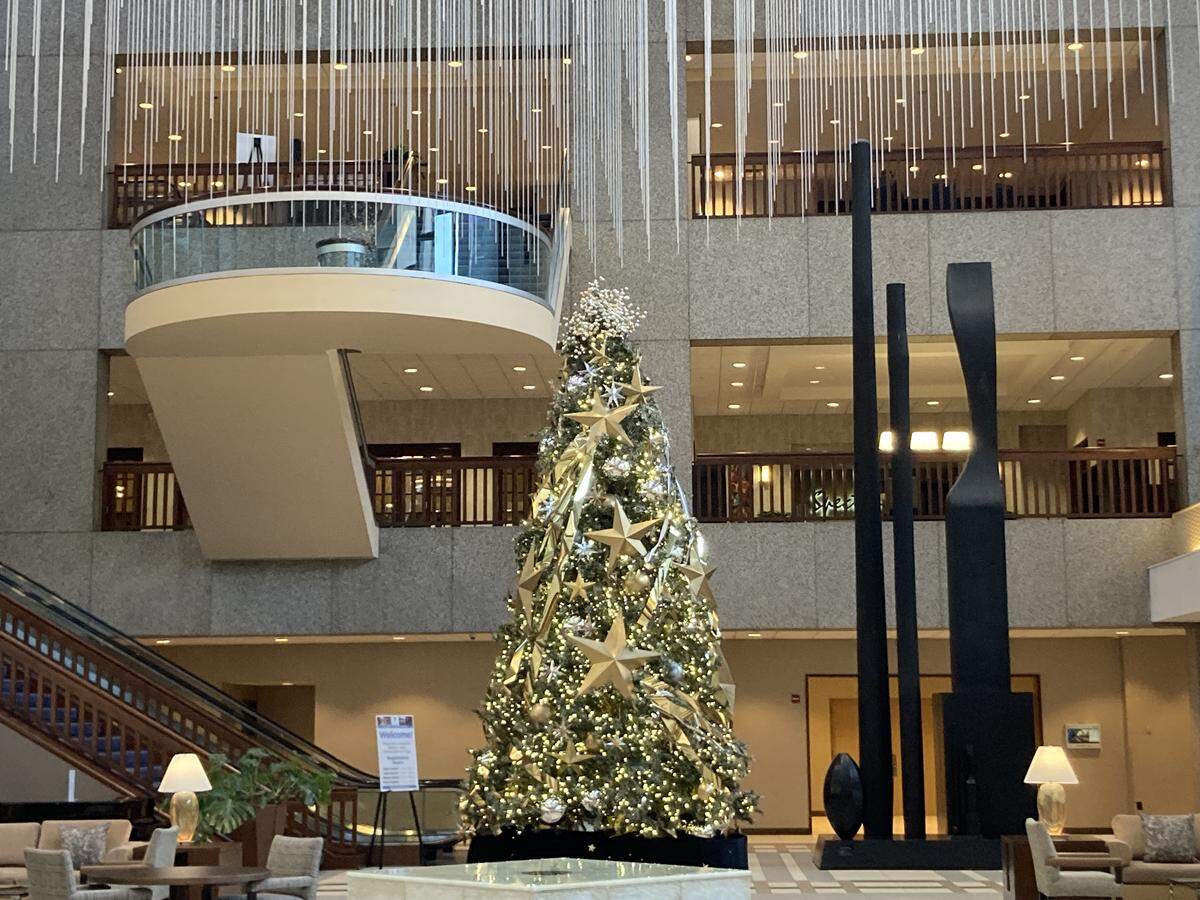 Lobby of the Sheraton Kansas City Hotel at Crown Center. The hotel is one of a number that has sold out for the month-long 2026 FIFA World Cup being held in Kansas City from mid June to mid July.